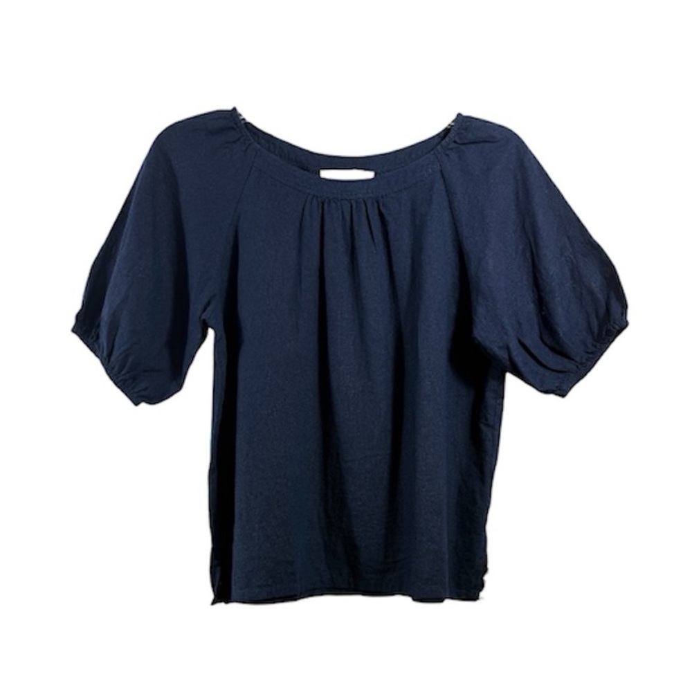 LOFT NWT Linen Blend Puff Sleeve Blouse Navy Blue Coastal Chic Small